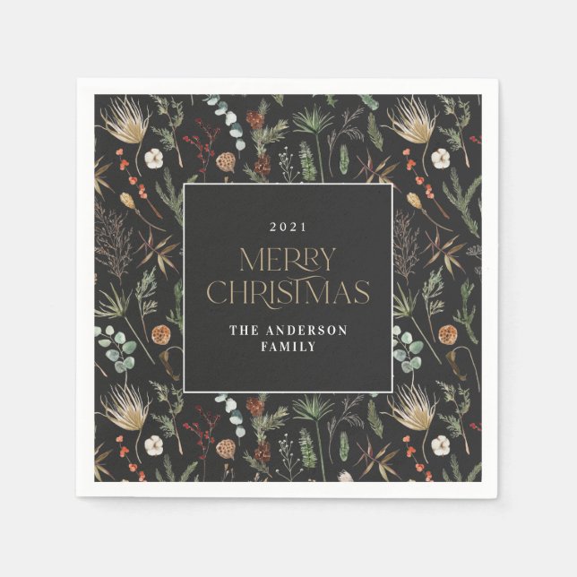 Christmas watercolor botanical floral dark moody napkins (Front)