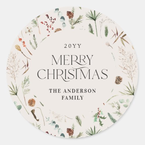 Christmas watercolor botanical floral natural classic round sticker