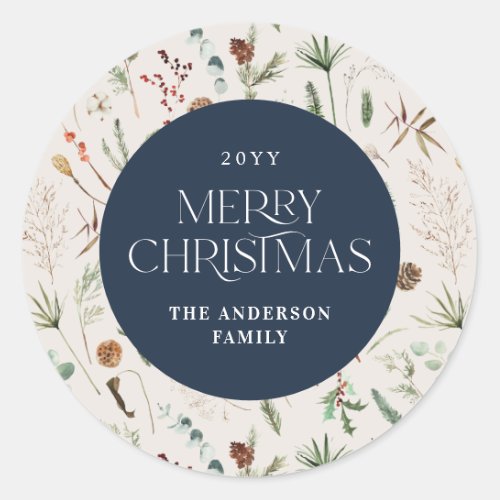 Christmas watercolor botanical floral navy blue classic round sticker