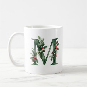 Christmas Watercolor Botanical Monogram Letter M Coffee Mug