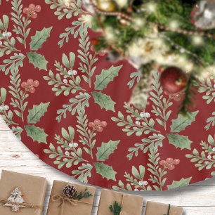 Christmas Watercolor Botanical Pattern Red Green Brushed Polyester Tree Skirt