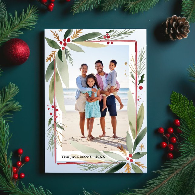 Christmas Watercolor Botanicals Photo Collage  Holiday Postcard (Creator Uploaded)