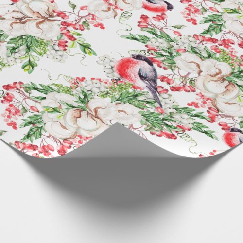 Christmas Watercolor Bulfinch Redberry  Wrapping Paper