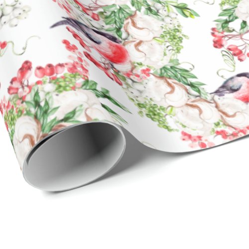 Christmas Watercolor Bulfinch Redberry Wrapping Paper
