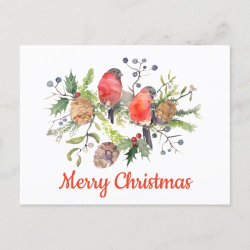 Christmas Watercolor Bullfinch Floral Personalized Holiday Postcard