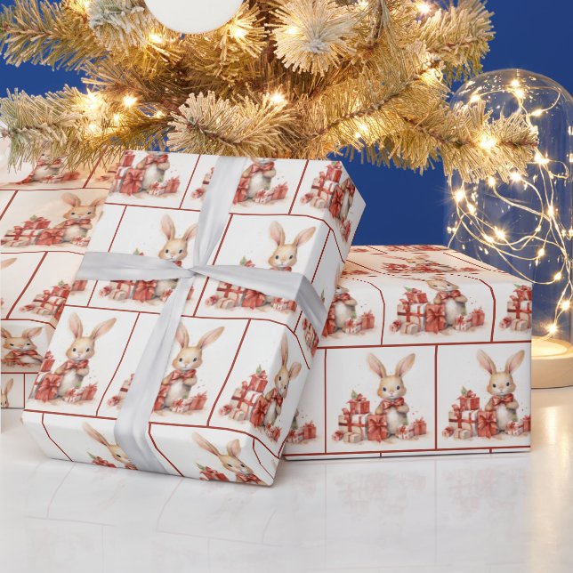 Christmas Watercolor Bunnies With Gifts Wrapping Paper (Holidays)