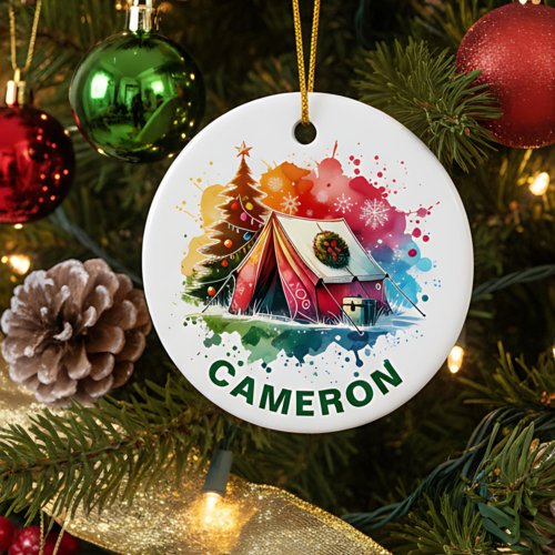 Christmas Watercolor Camping Custom Name Ceramic Ornament