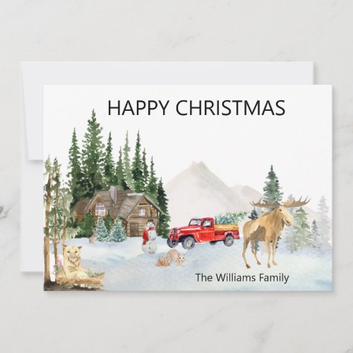 Christmas Watercolor Canada Woodland Moose Cougar Holiday Card