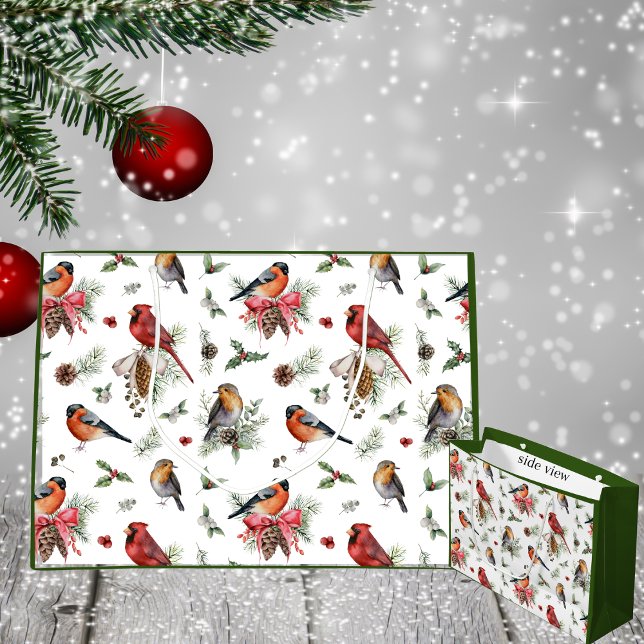Christmas Watercolor Cardinal Robin Pinecones Large Gift Bag (Creator Uploaded)