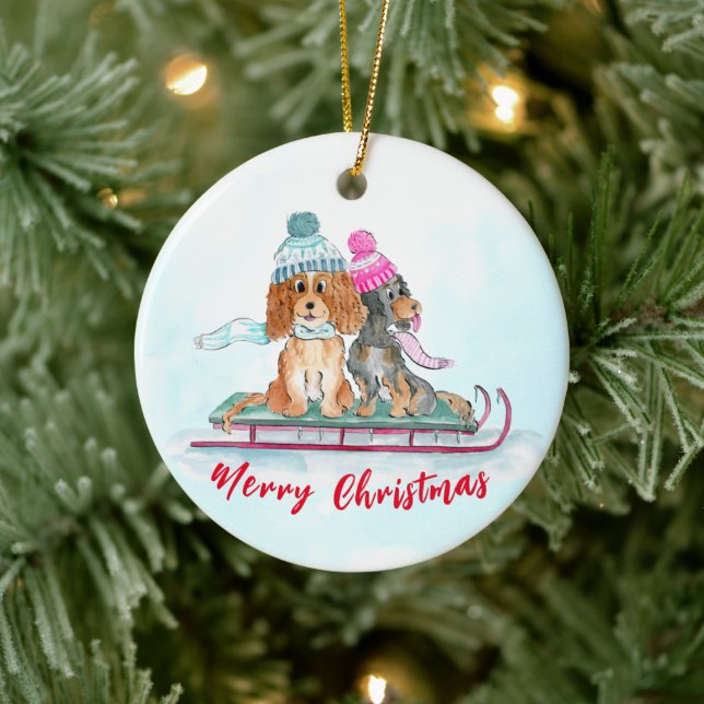 Christmas Watercolor Cavalier King Charles Sled Ceramic Ornament (Tree)