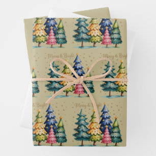 Christmas Watercolor Christmas Trees Pink Tree  Wrapping Paper Sheets