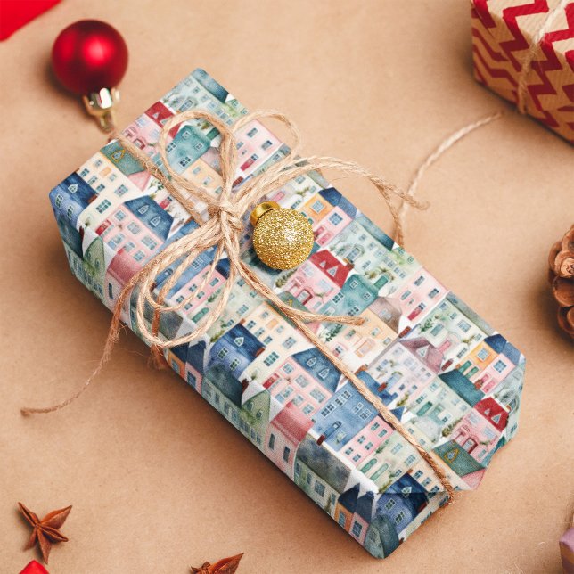 Christmas Watercolor Colorful Houses Holiday Wrapping Paper (Creator Uploaded)
