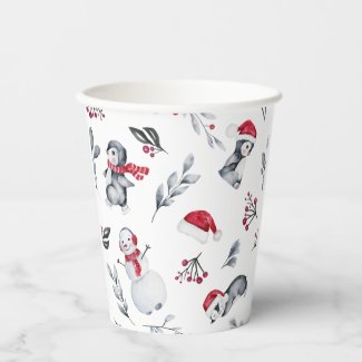 Christmas Watercolor Cute Penguin Winter Snowman