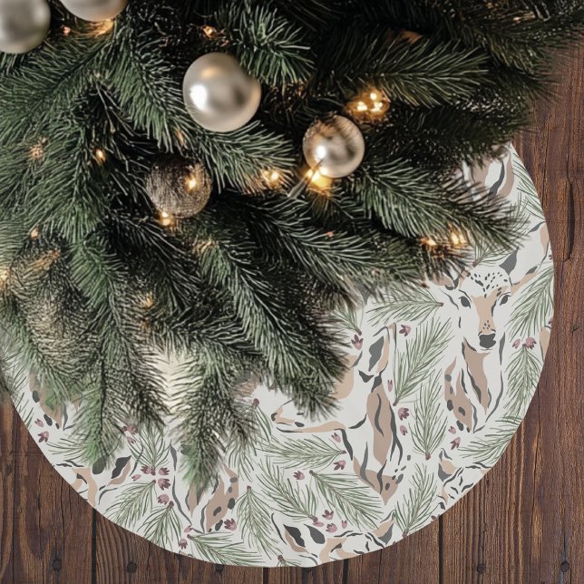 Christmas Watercolor Deer & Pine Tree  Brushed Polyester Tree Skirt (Creator Uploaded)