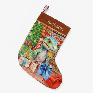 Christmas watercolor dinosaur add name  small christmas stocking
