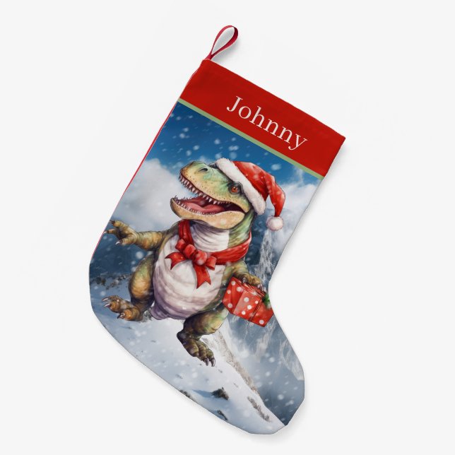 Christmas watercolor dinosaur add name small christmas stocking (Front (Hanging))