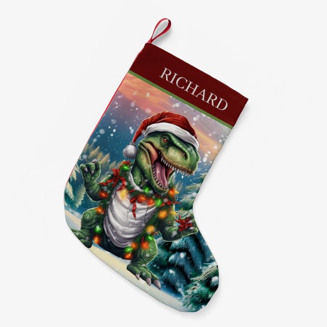 Christmas watercolor dinosaur add name  small christmas stocking (Front (Hanging))