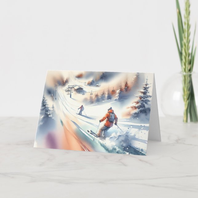 Christmas Watercolor Downhill Skiers Card (Front)