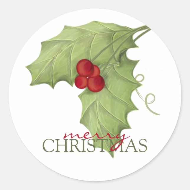 Christmas Watercolor Elegant Greenery Holly Berry Classic Round Sticker (Front)