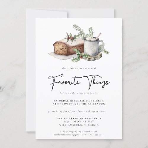 Christmas Watercolor Favorite Things Greenery  Invitation