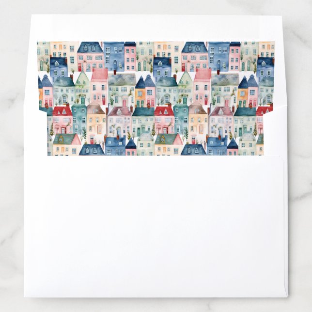 Christmas Watercolor Festive Houses Holiday  Envelope Liner (In Envelope)