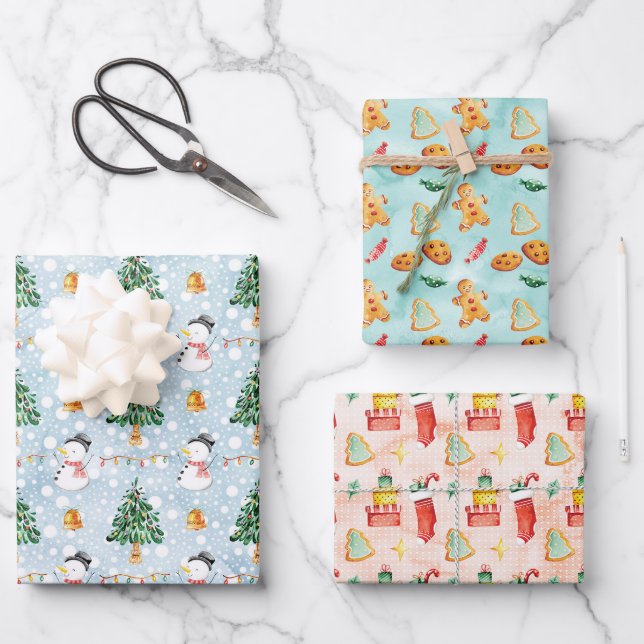 Christmas Watercolor Festive Pattern  Wrapping Paper Sheets (Front)