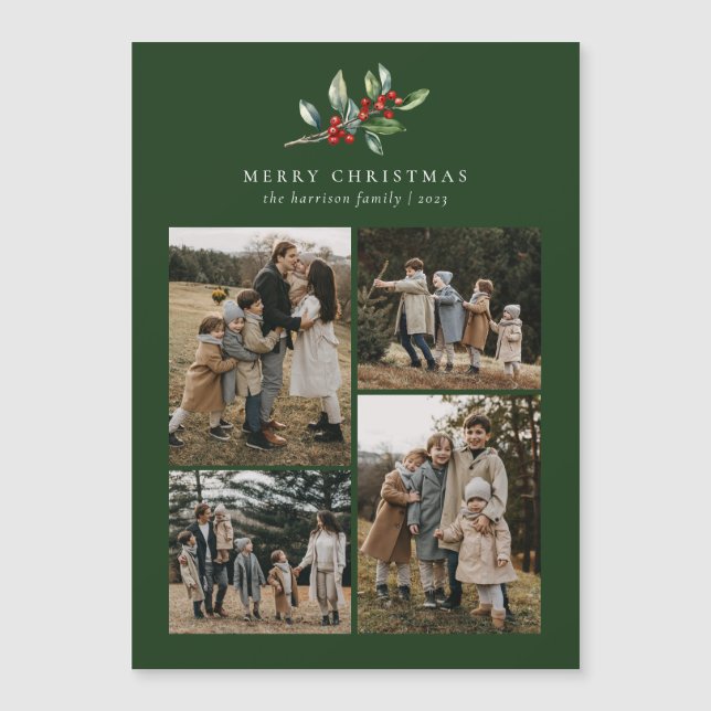 Christmas Watercolor Floral 4 Photo Magnetic Card (Front)