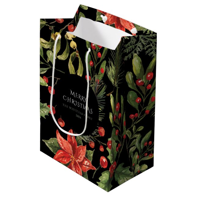 Christmas Watercolor Floral Botanical Custom Medium Gift Bag (Front Angled)