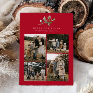 Christmas Watercolor Floral Five Photo Collage Holiday Card