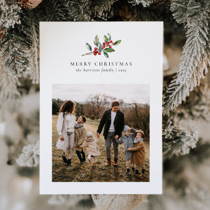 Christmas Watercolor Floral Five Photo Collage Holiday Card