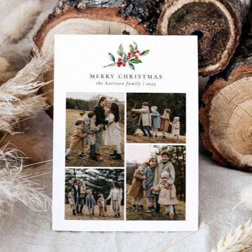 Christmas Watercolor Floral Five Photo Collage Holiday Card