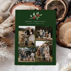 Christmas Watercolor Floral Five Photo Collage Holiday Card