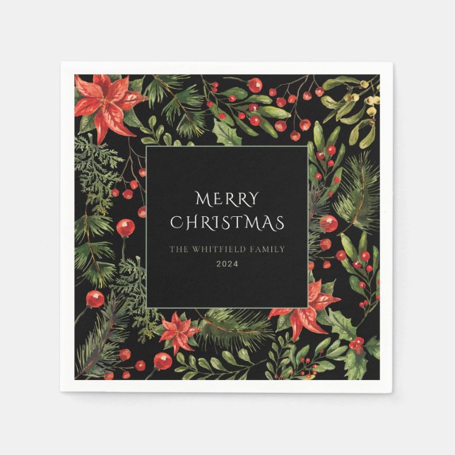 Christmas Watercolor Floral Greenery Family Paper Napkins (Front)
