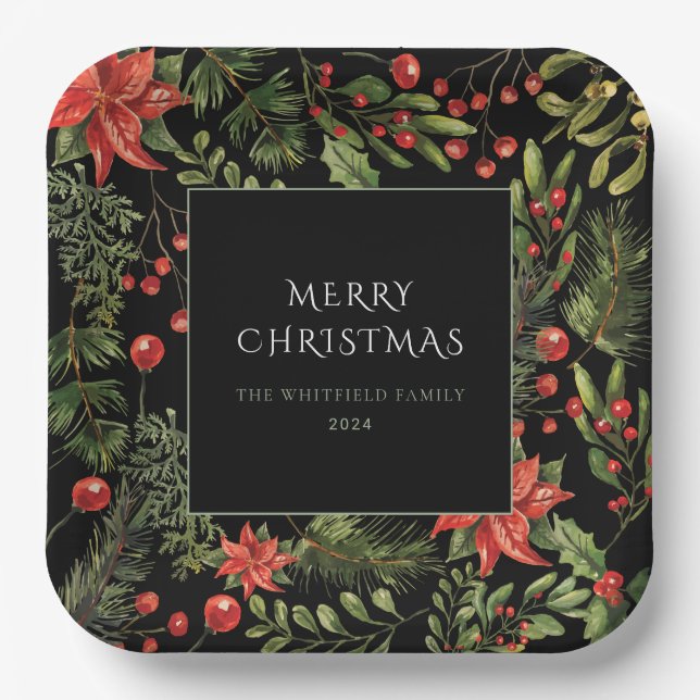 Christmas Watercolor Floral Greenery Family Paper Plates (Front)