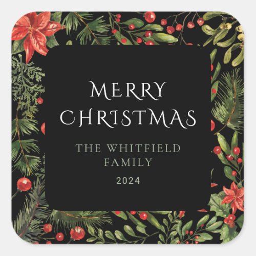 Christmas Watercolor Floral Greenery Family Square Sticker