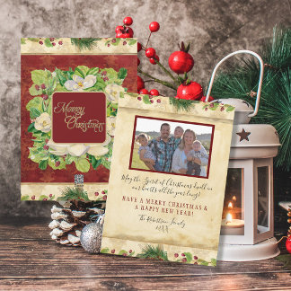 Christmas Watercolor Floral Magnolia Pine Wreath Holiday Card