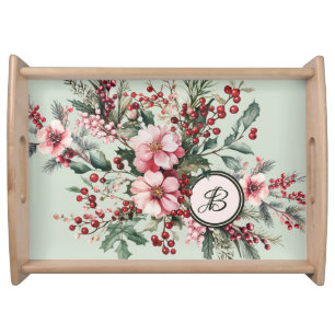 Christmas Watercolor Floral Monogram serving tray