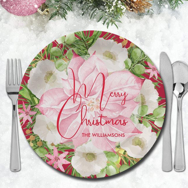 Christmas Watercolor Floral  Paper Plates (Pink poinsettia and winter flowers Merry Christmas paper plates)