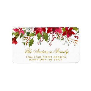 Christmas Watercolor Floral Poinsettia Gold Label