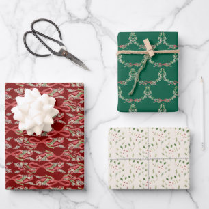 Christmas Watercolor Floral Red Bows Traditional Wrapping Paper Sheets