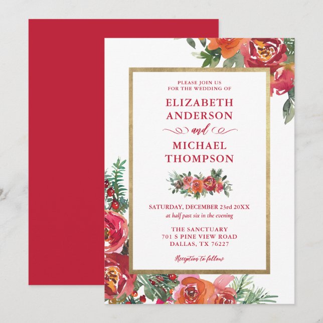 Christmas Watercolor Floral Winter Wedding Invitation (Front/Back)