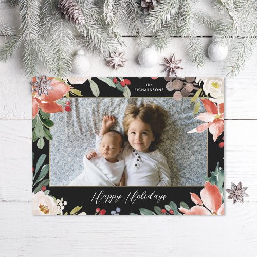 Christmas Watercolor Flowers Berries Photo Card