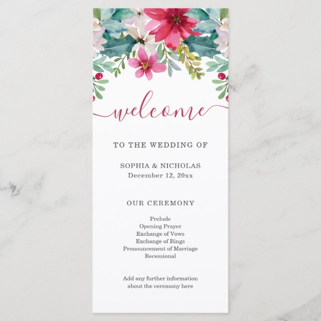 Christmas Watercolor Flowers | Wedding Program (Front)