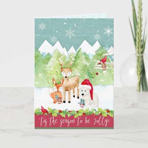 Christmas Watercolor Forest Deer Fox Bear Cardinal Holiday Card