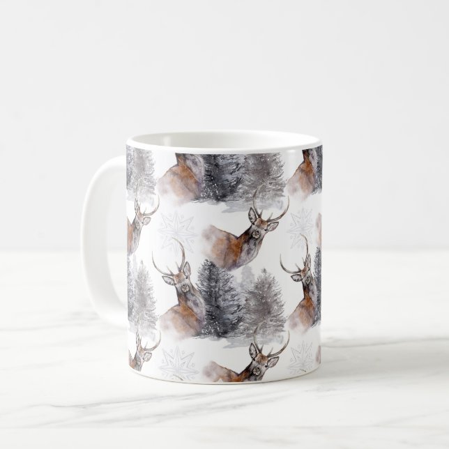Christmas Watercolor Forest Deer Pattern Coffee Mug (Front Left)
