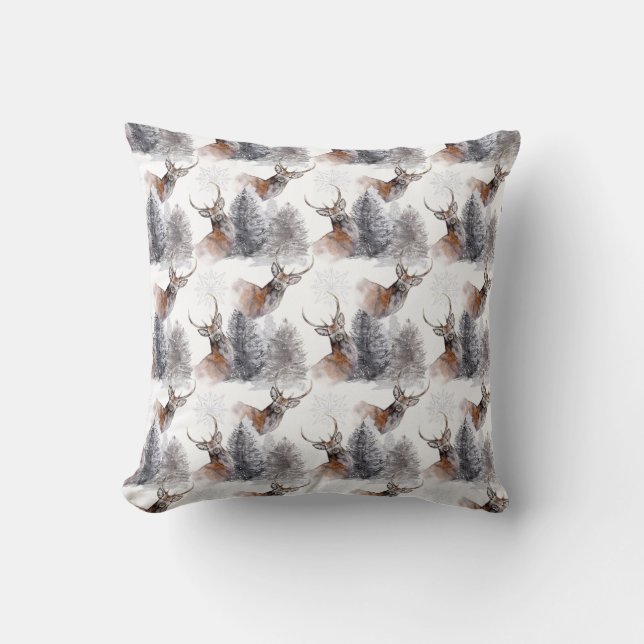 Christmas Watercolor Forest Deer Pattern Throw Pillow (Front)