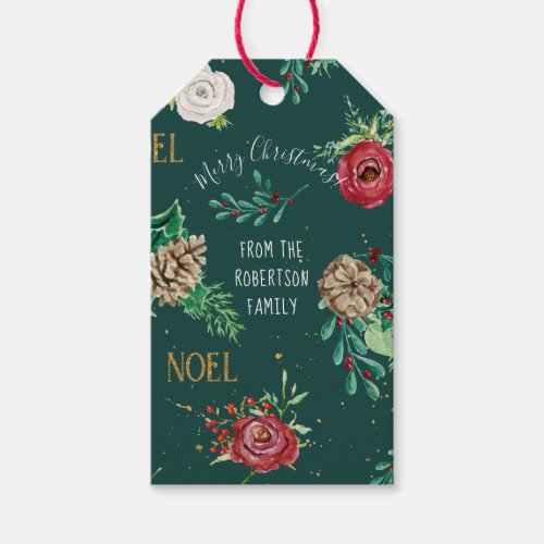 Christmas Watercolor Forest Green Floral Family Gift Tags