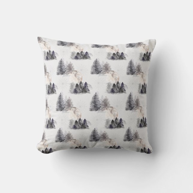 Christmas Watercolor Forest Night Pattern Throw Pillow (Front)