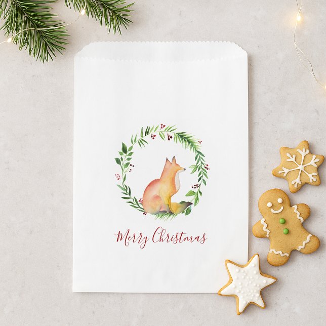 Christmas Watercolor Fox Candy Favor Bag (Flat lay of a favor bag featureing a watercolor fox and Merry Christmas)