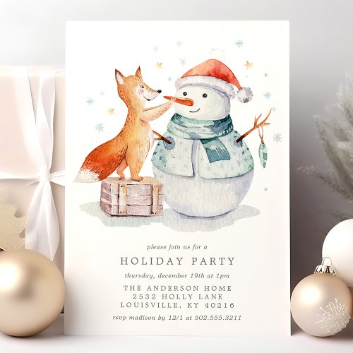 Christmas Watercolor Fox Snowman Holiday Party Invitation